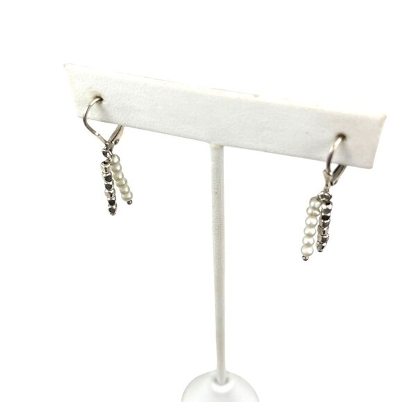 Sterling Silver & Pearl Dangle Earrings With Leverback Closure Vintage - Picture 3 of 8